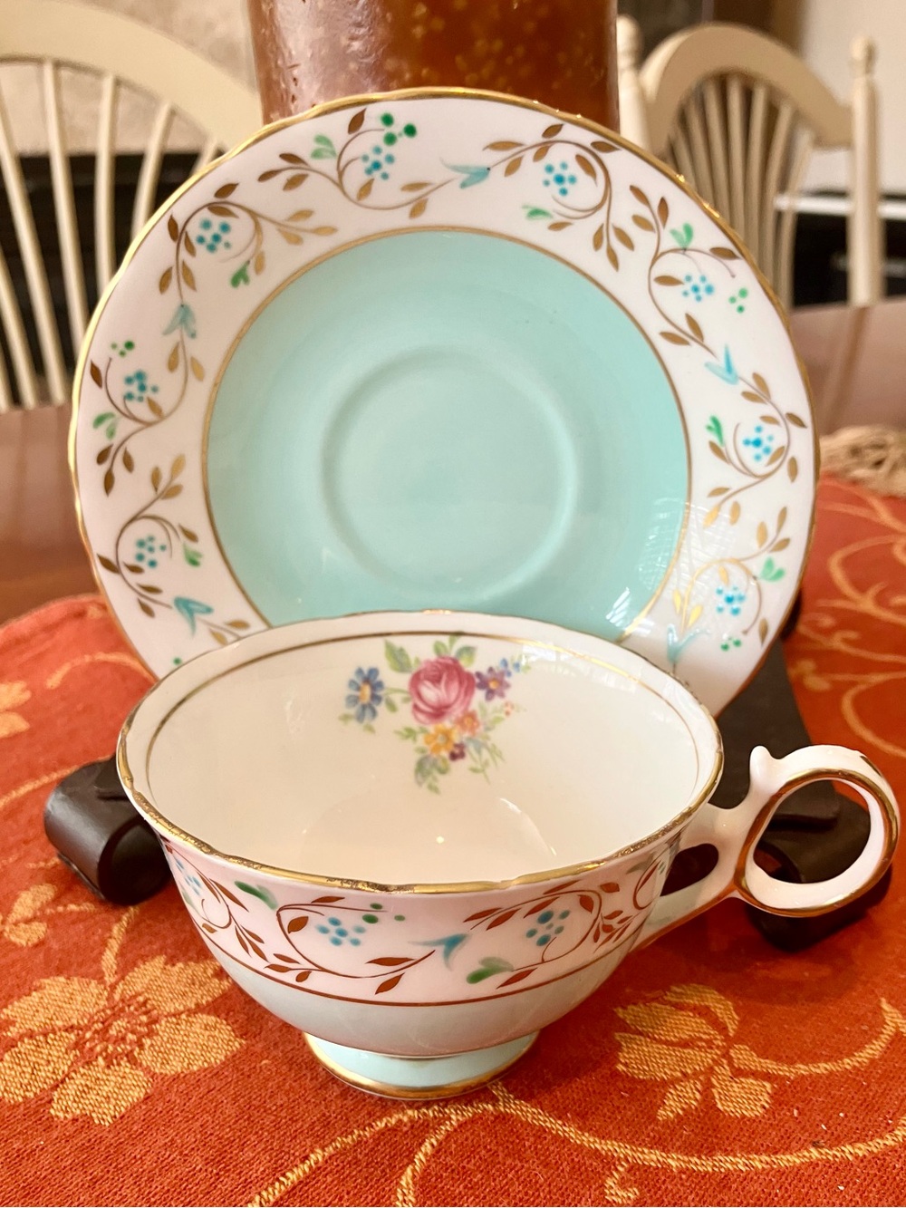 Vintage Delphine bone china Teacup & Saucer,  Floral with blue base, Gilt edged